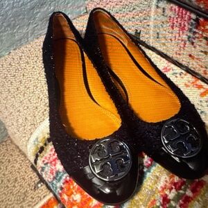 Tory Burch Elegant Navy Tweed with Black Patent Cap Toe